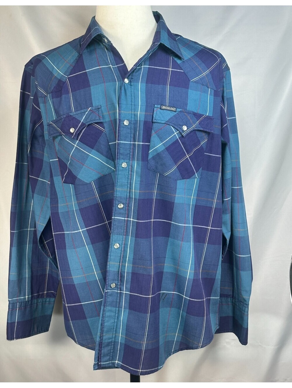 Dickies Plaid Pocketed Button Up Plaid Blue Green Mens XL